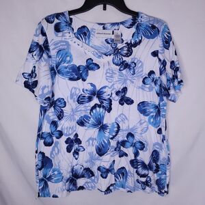 Alfred Dunner Top Medium Blue, White Butterfly Print